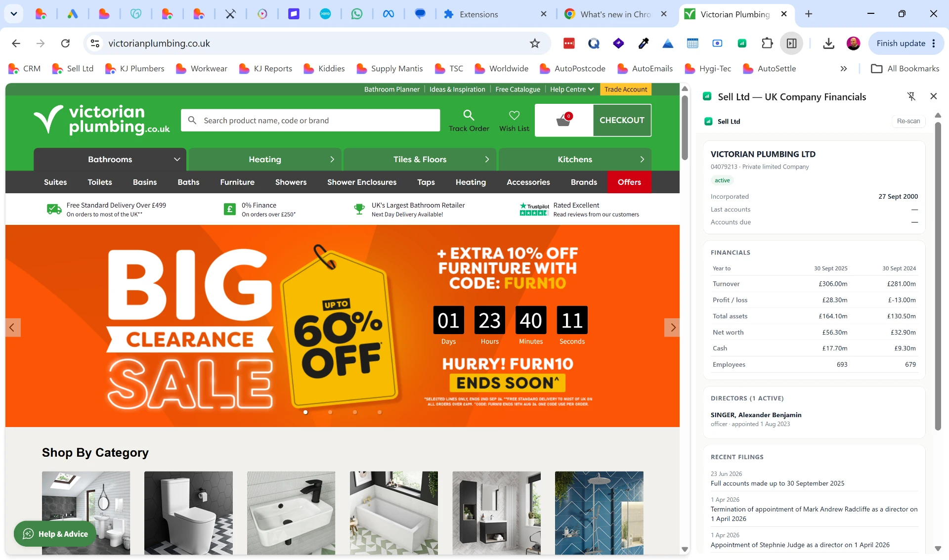 Sell Ltd Chrome extension showing Victorian Plumbing company financials, directors and recent filings in the browser side panel